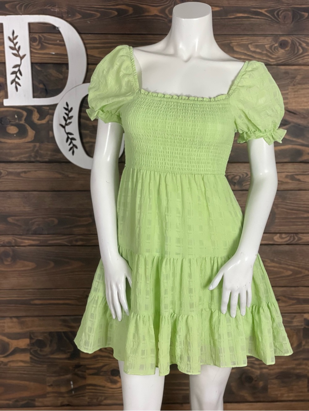 Allison + Kelly | Square Neck Smocked Mini Dress in Light Lime Babydoll Dress